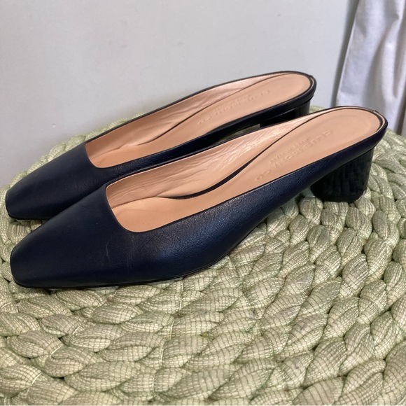 Club Monaco Aveena Navy Italian Leather Square Toe Round Heel Mules - Picture 4 of 12